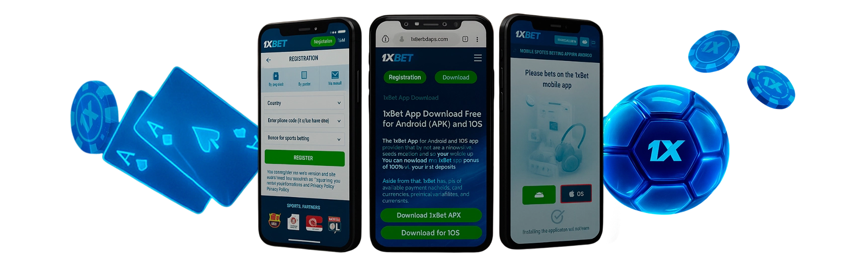 ثلاثة هواتف تعرض تطبيق 1xBet